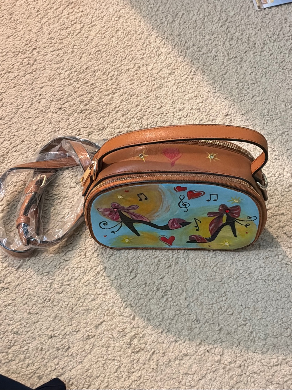Hand-Painted Brown Crossbody Bag with Pink Accents - Picture 3 of 6